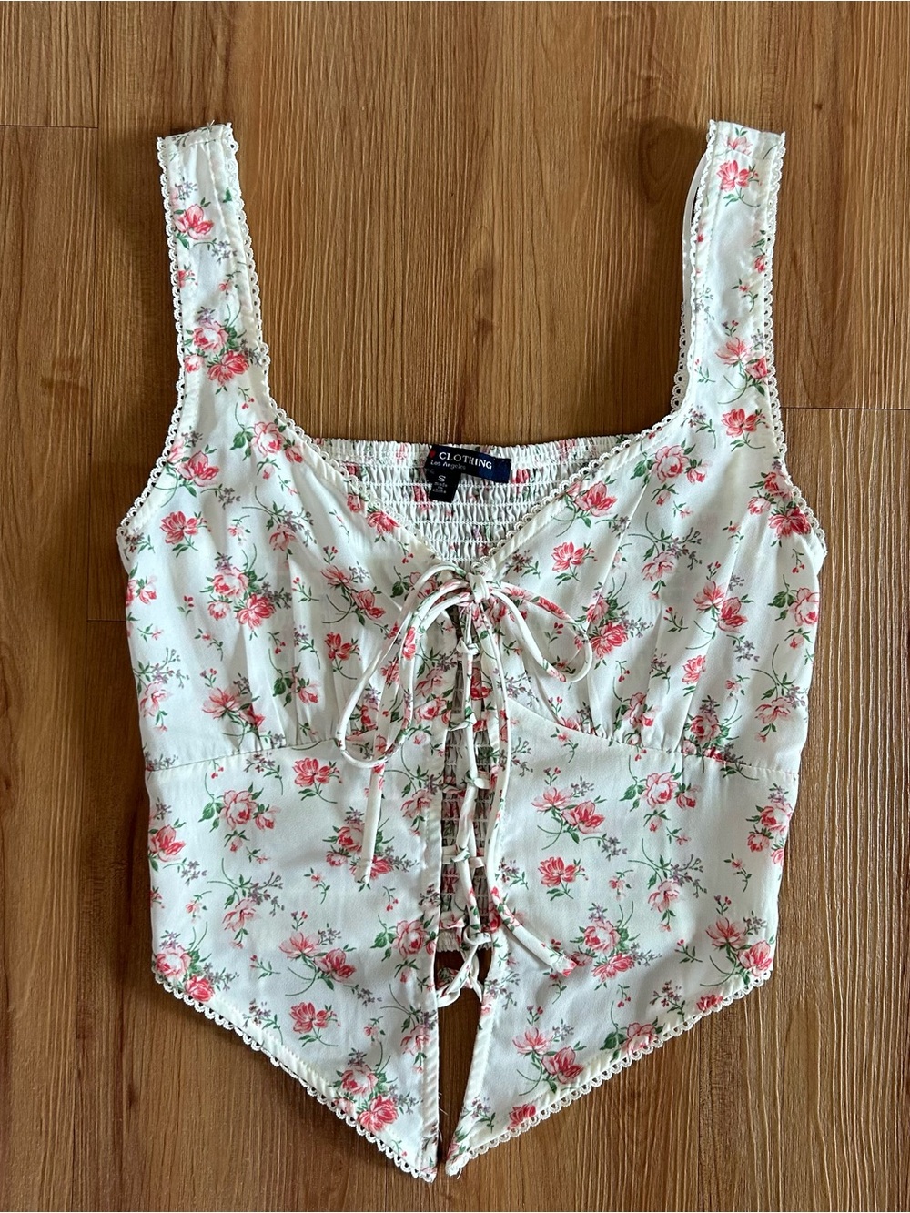 Floral Lace-Up Cropped Corset Tank Top - White with Pink Floral
